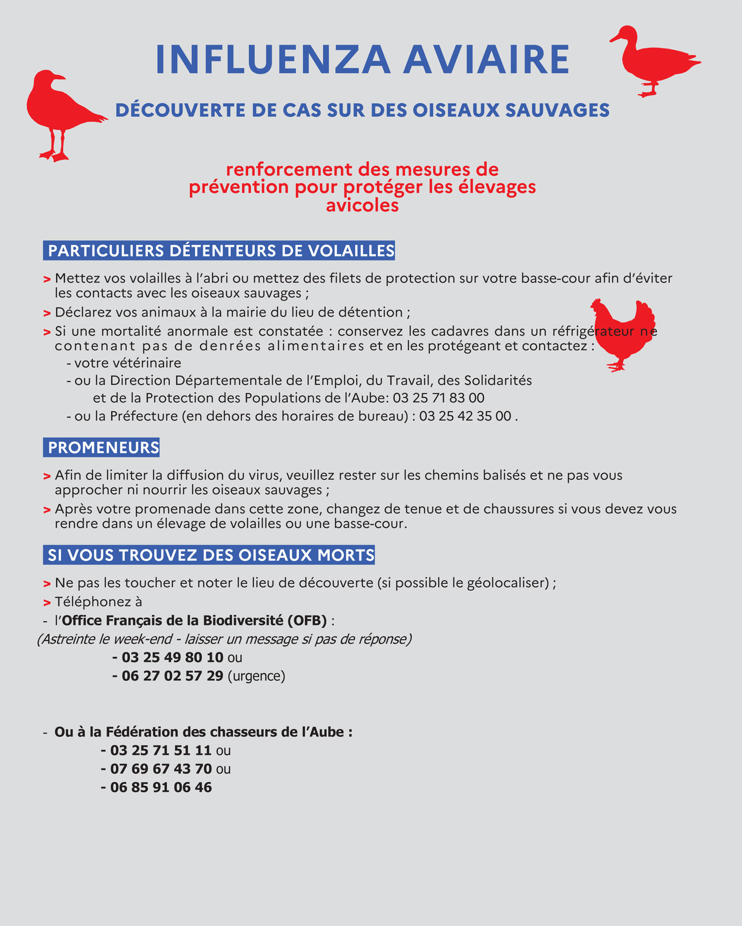 Influenza aviaire : affiche des mesures préventives pour l'Aube